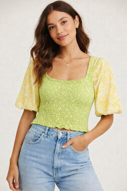 NWT Free People FP Smocked Key Lime Floral Crop Top